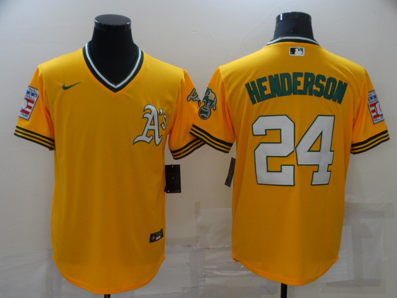 Men's Oakland Athletics #24 Rickey Henderson Gold Cool Base Stitched Jersey
